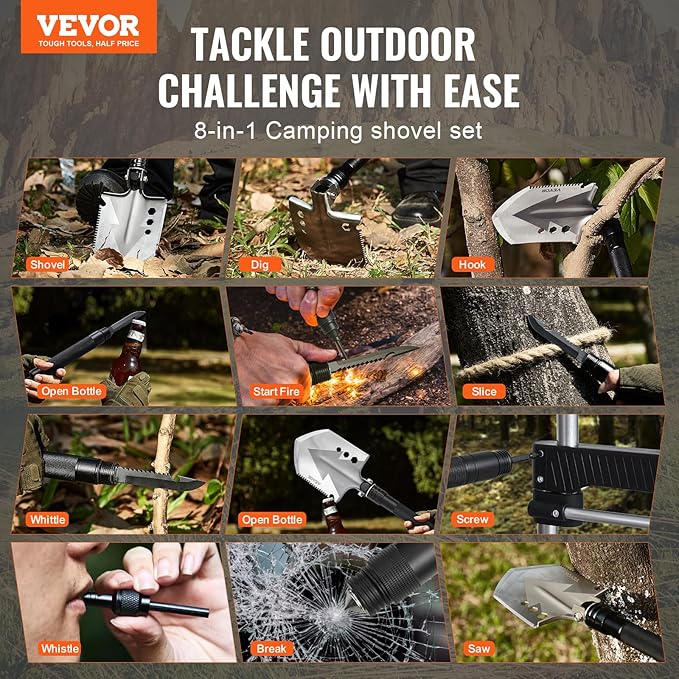 VEVOR Survival Shovel, 8 in 1 Camping Shovel Folding Multitool Kit, Portable and Compact, Stainless Steel, Multifunction for Off-Roading, Camping, Hiking, Outdoor, Survivalist and Emergency