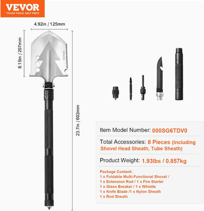 VEVOR Survival Shovel, 8 in 1 Camping Shovel Folding Multitool Kit, Portable and Compact, Stainless Steel, Multifunction for Off-Roading, Camping, Hiking, Outdoor, Survivalist and Emergency