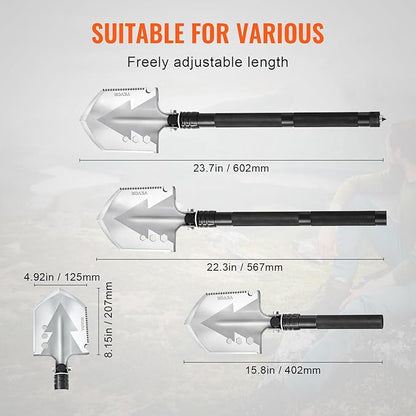 VEVOR Survival Shovel, 8 in 1 Camping Shovel Folding Multitool Kit, Portable and Compact, Stainless Steel, Multifunction for Off-Roading, Camping, Hiking, Outdoor, Survivalist and Emergency